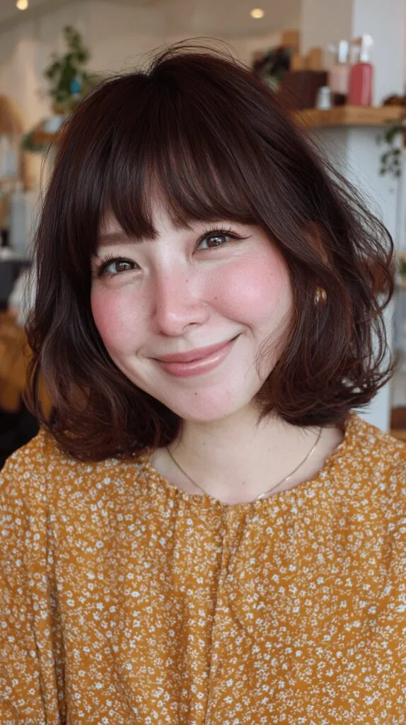 Chic Curly Lob with Soft Bangs