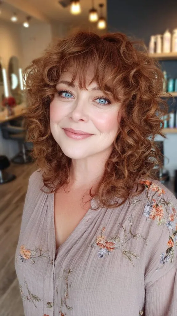 Chic Curly Mid-Length Cut with Soft Bangs