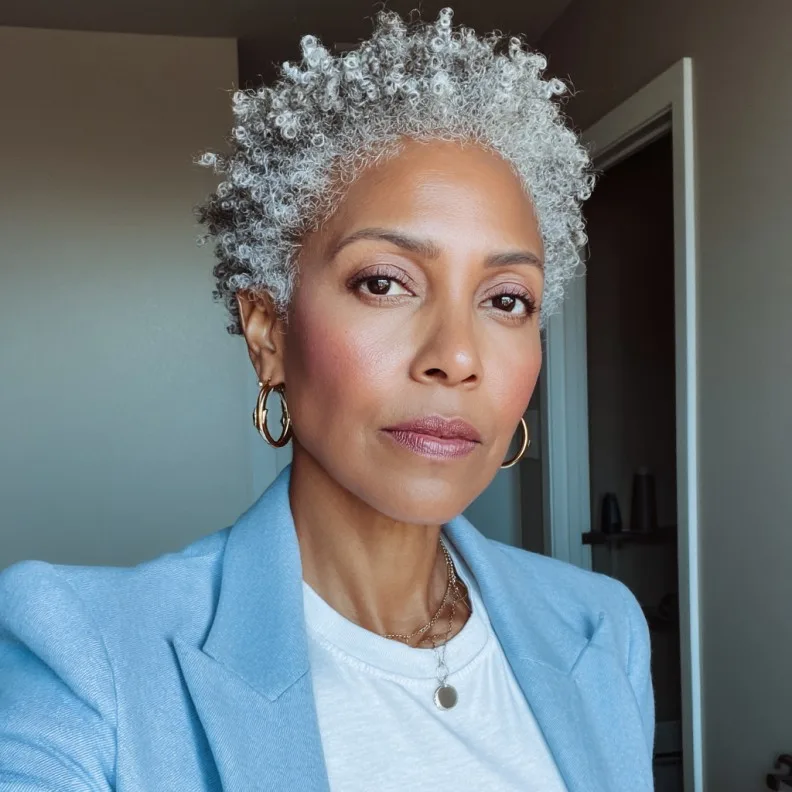 Chic Curly Pixie with Silver Highlights