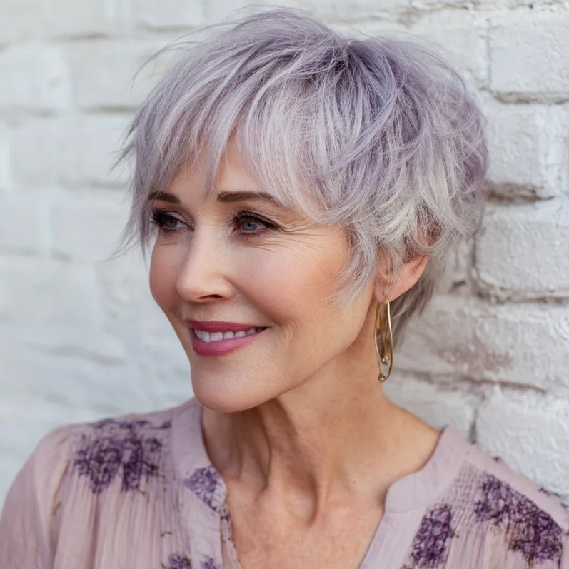Chic Feathered Pixie Cut with Subtle Lavender Tones