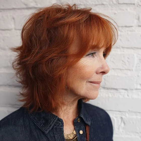 Chic Layered Copper Choppy Bob with Front Bangs