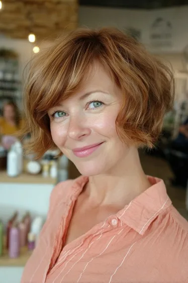 Chic Layered Curly Bob with Warm Highlights