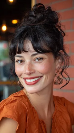 Chic Messy Bun with Face-Framing Bangs