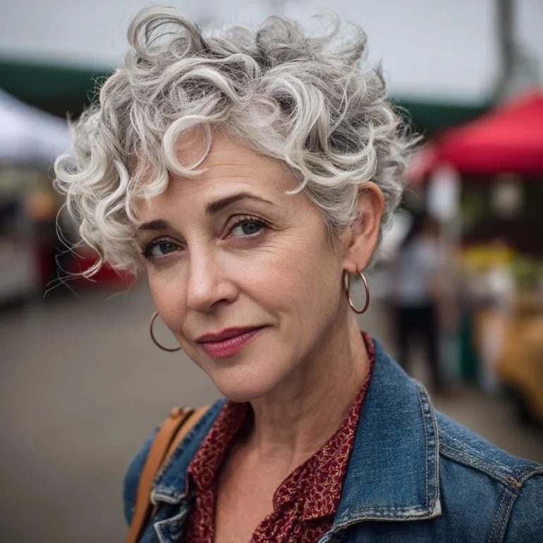 Chic Short Curly Haircut with Soft Highlights