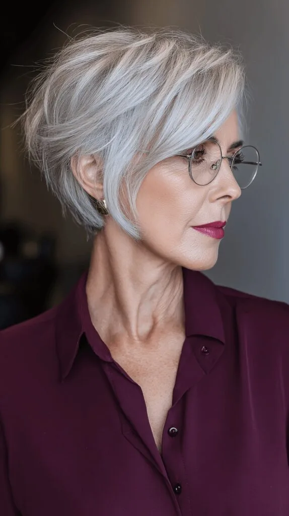 Chic Silver Textured Pixie Cut with Side-Swept Bangs