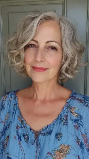 Chic Soft Curly Bob with Natural Gray Highlights