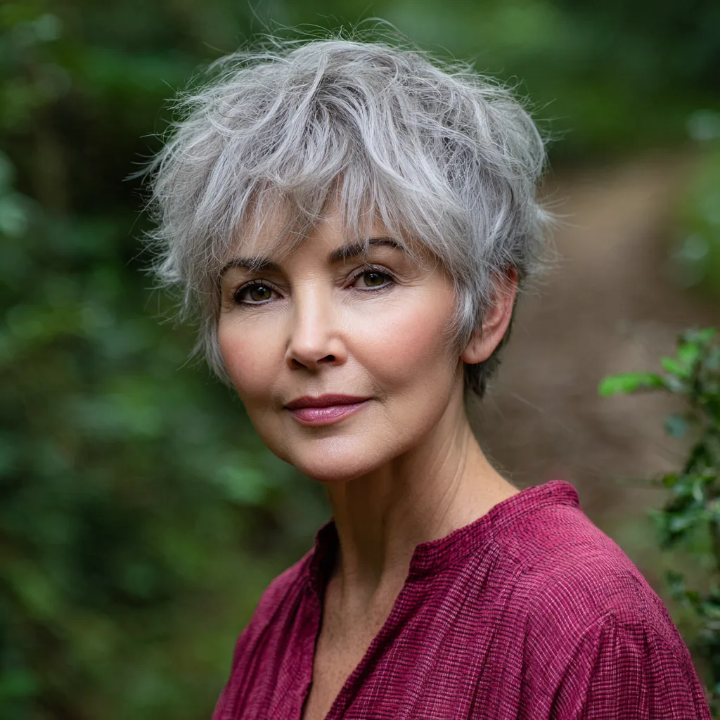 Chic Softly Textured Grey Pixie Cut with Playful Volume