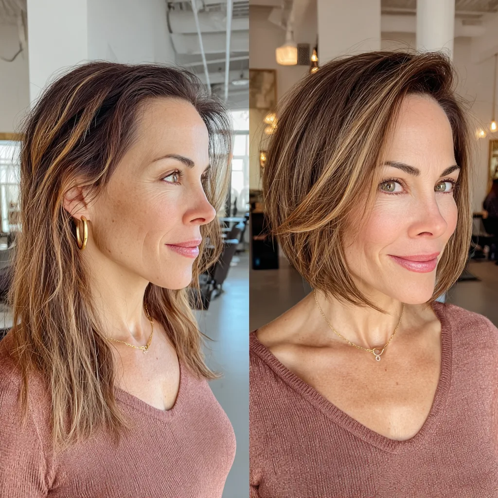 Chic Textured Angular Bob with Warm Highlights
