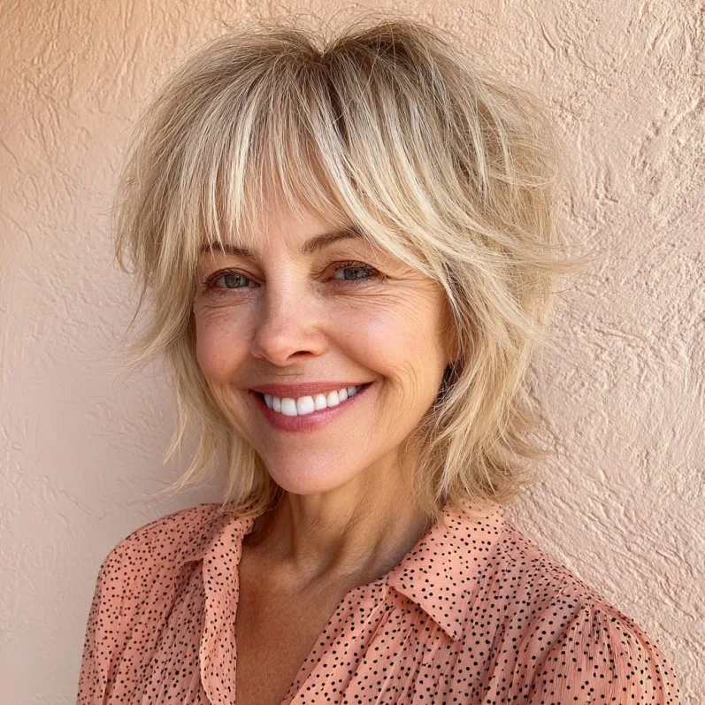 Chic Textured Blonde Shag with Soft Bangs