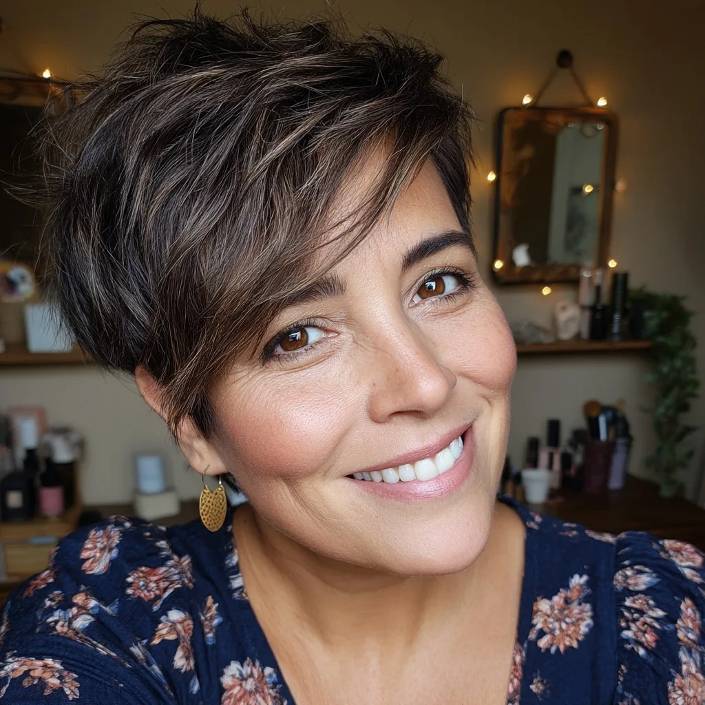 Chic Textured Brunette Pixie Cut with Soft Layers