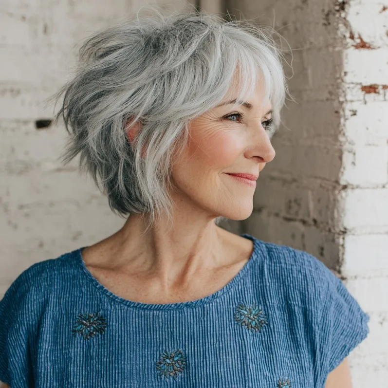 Chic Textured Gray Mixie Shag with Feathered Ends
