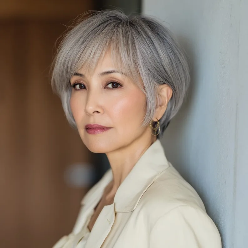 Chic Textured Grey Bob with Soft Bangs