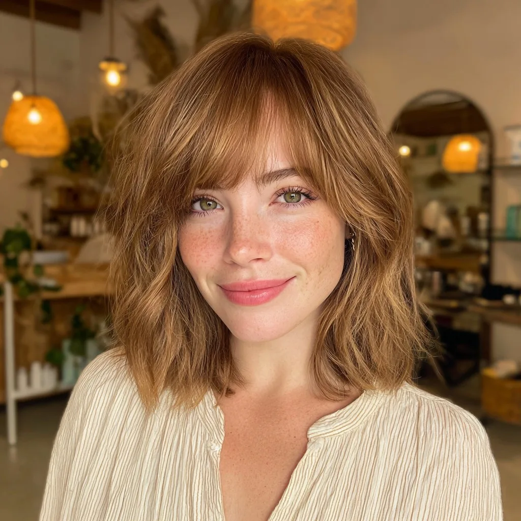 Chic Textured Midi Bob with Soft Bangs
