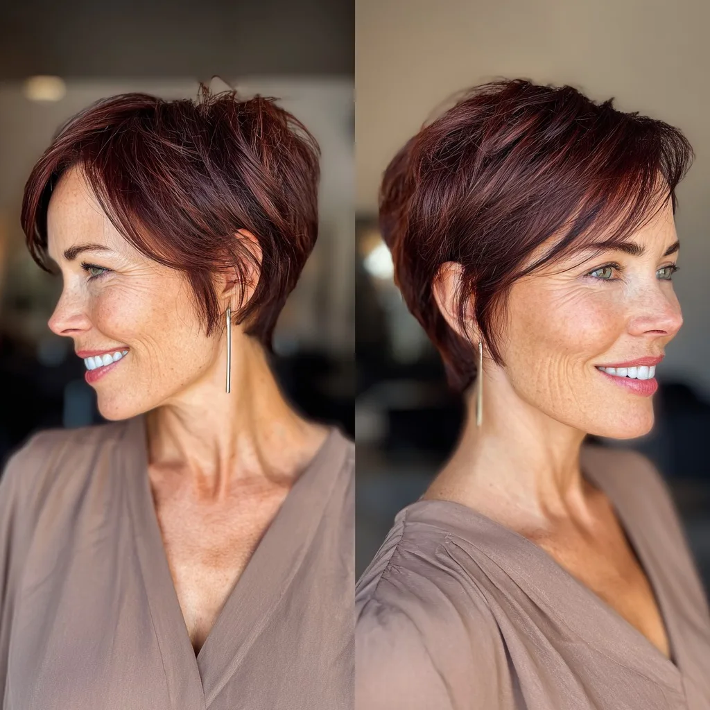 Chic Textured Pixie Cut with Rich Auburn Highlights