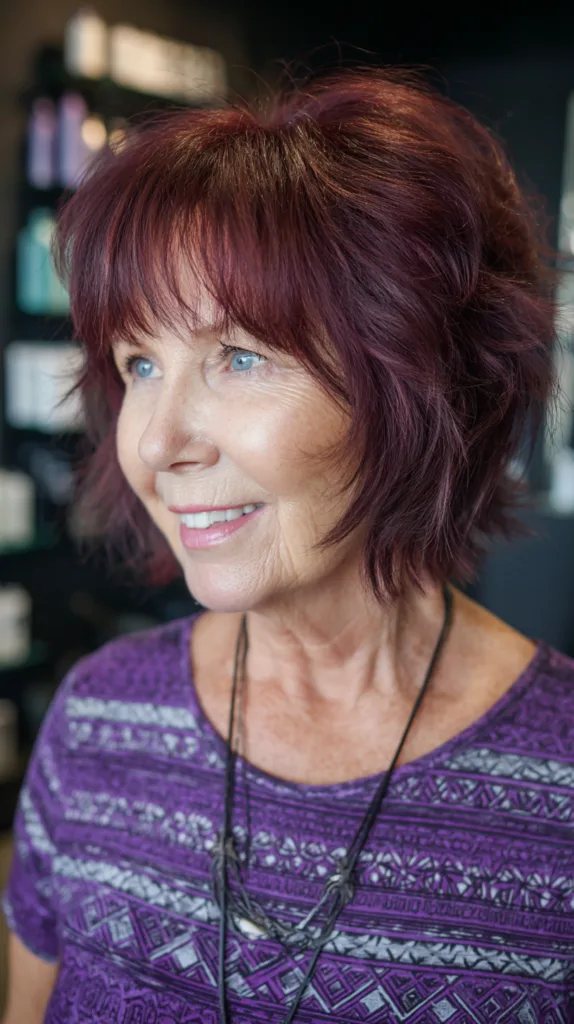 Chic Textured Shag Bob with Rich Burgundy Tones