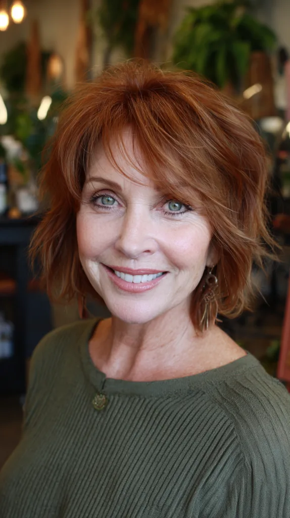 Chic Textured Shag Bob with Warm Copper Highlights