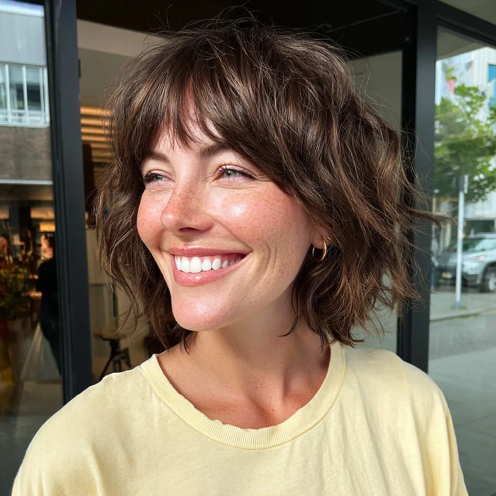 Chic Textured Shaggy Bob with Bold Bangs