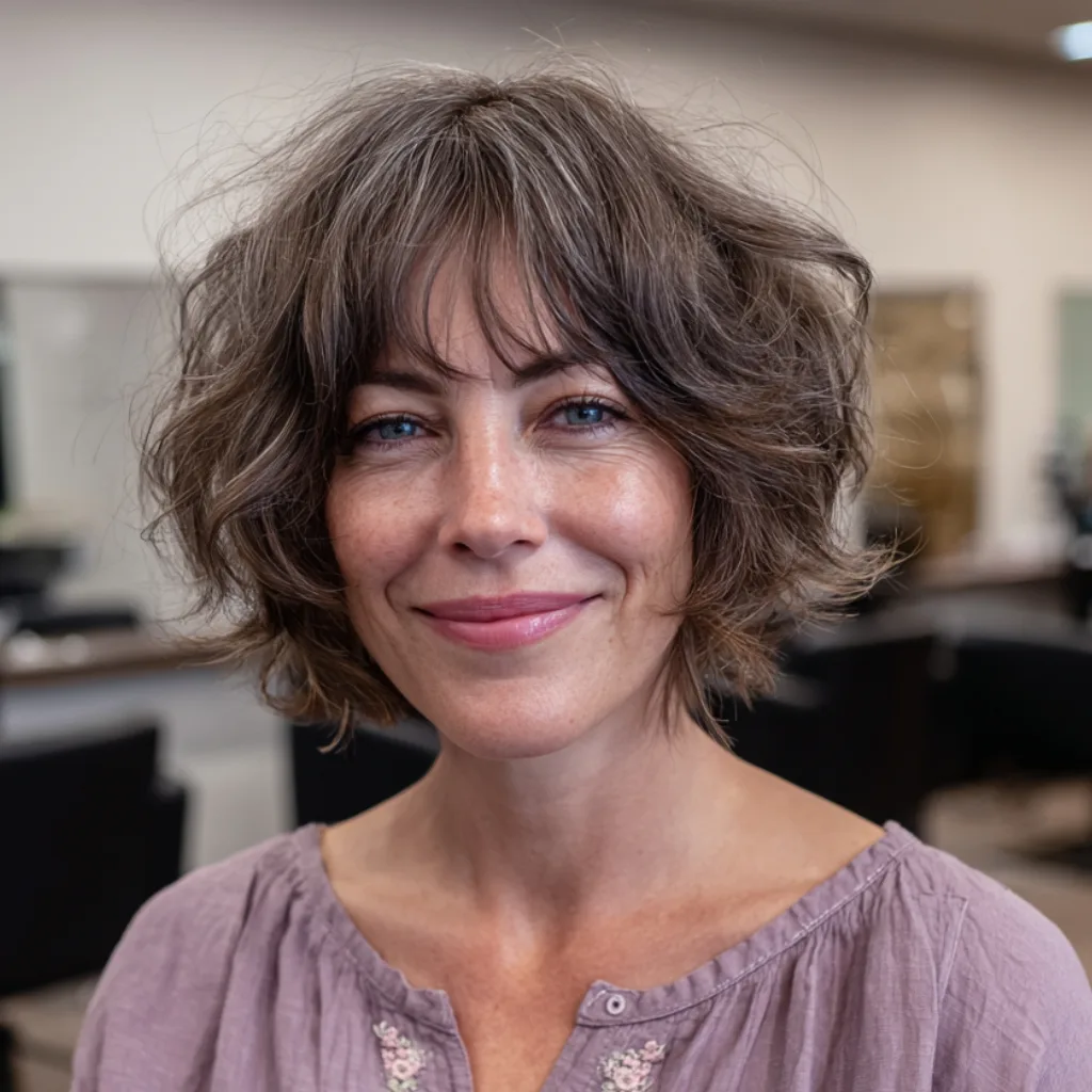 Chic Textured Shaggy Bob with Curly Bangs