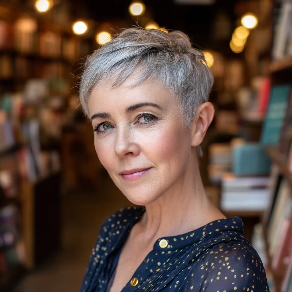 Chic Textured Short Pixie with Light Silver Highlights
