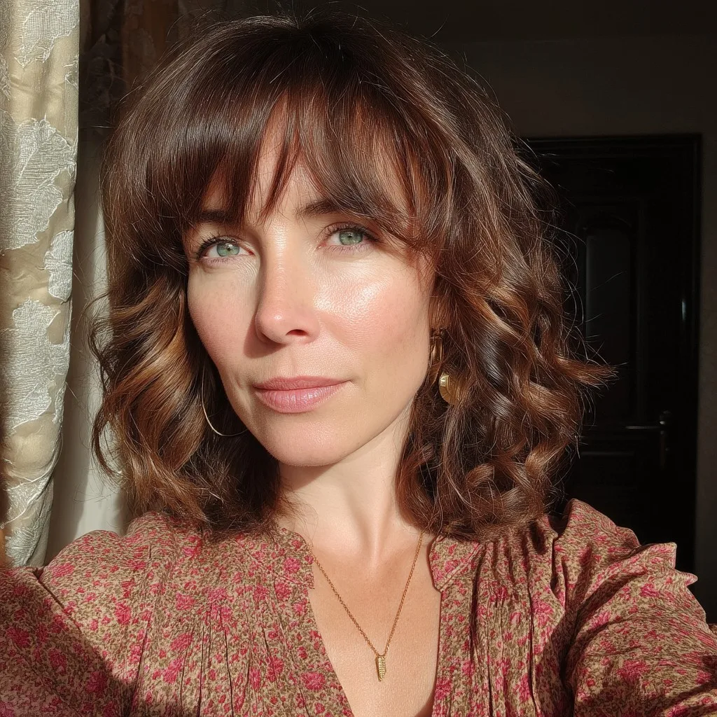 Chic Textured Shoulder-Length Waves with Soft Bangs