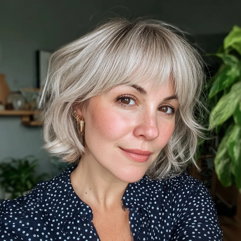Chic Textured Silver Bob with Soft Bangs