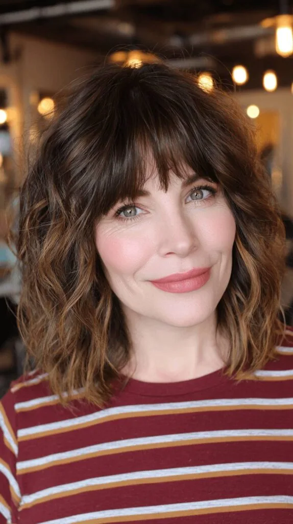 Chic Textured Waves with Stylish Bangs