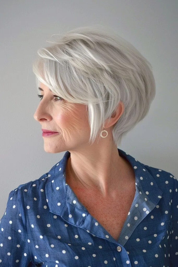 chic white pixie bob for women over 50 with thick hair