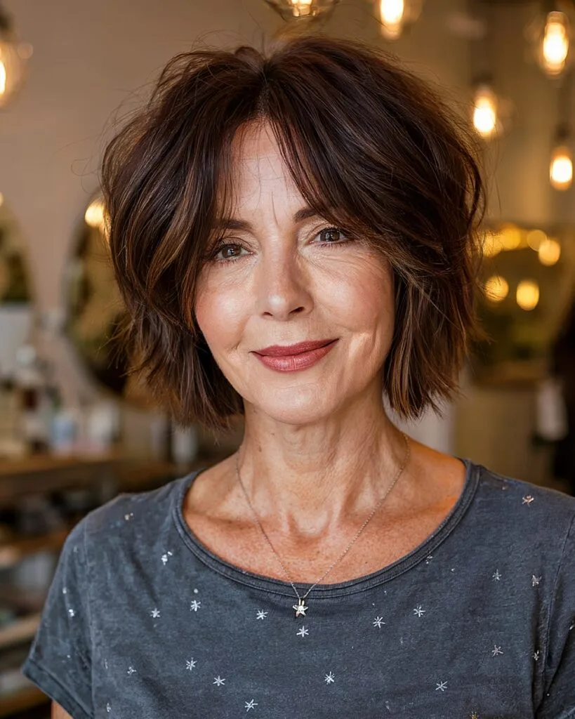 Chin-length bob with curtain bangs and layers for women over 60 with wavy hair