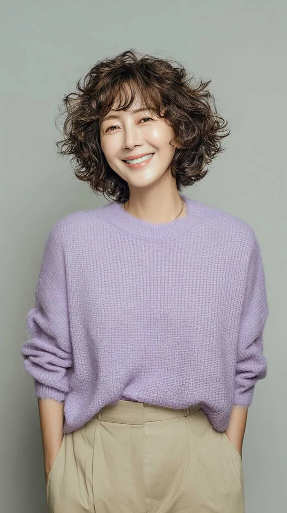 Chin-length brunette curly shag with full volume