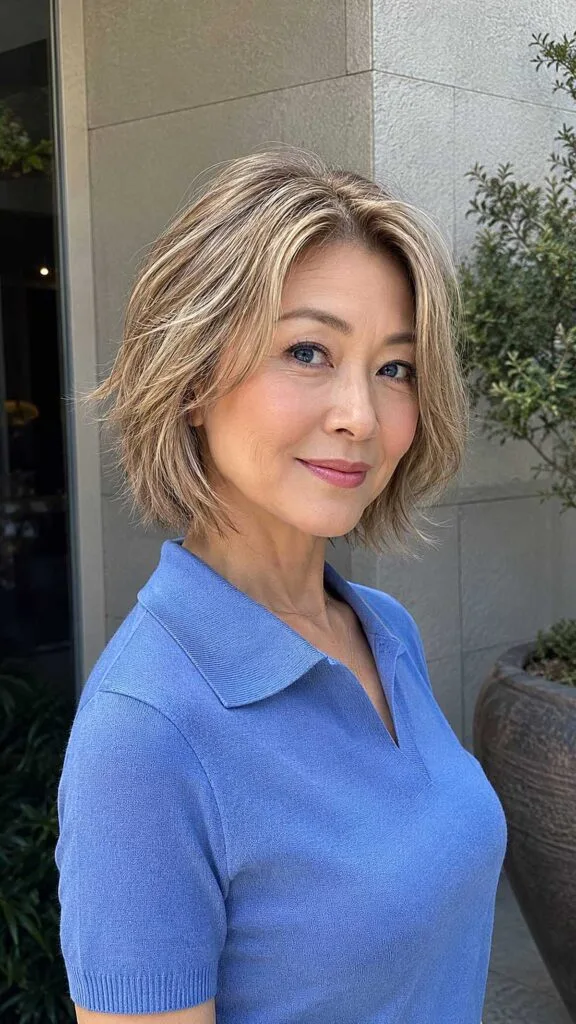 Chin-length choppy textured bob with blonde highlights
