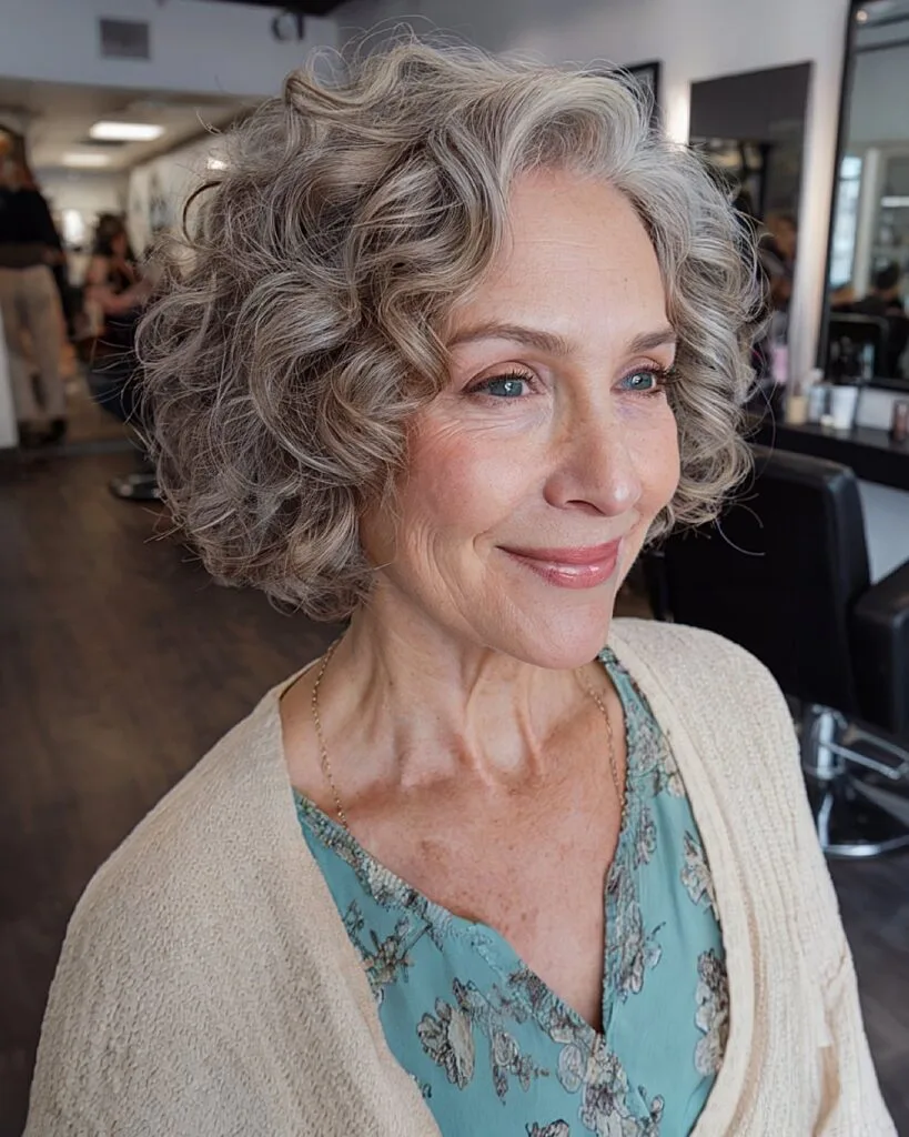Chin-length curly bob for older women with side part and natural grey texture for volume and softness