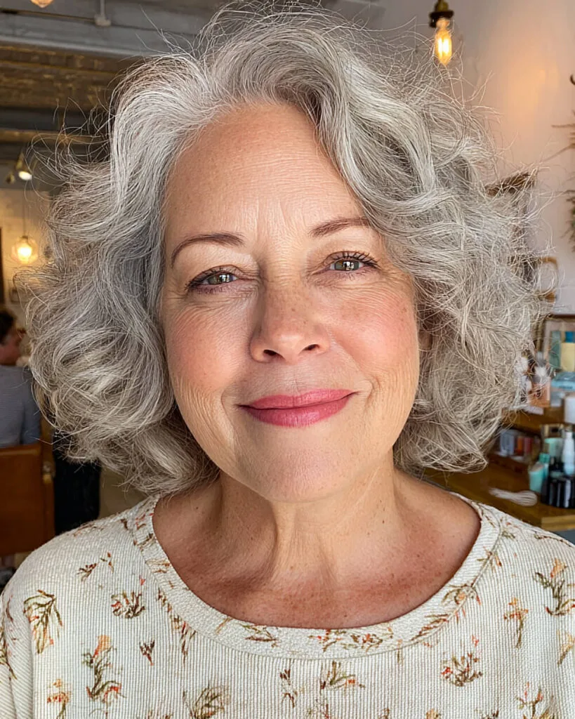 Chin-length curly bob hairstyle on a stylish plus-size senior woman