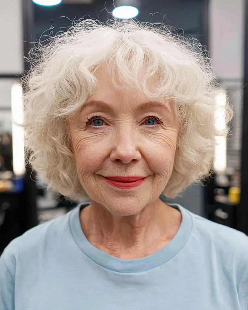 Chin-length curly French bob with a soft fringe for a woman over 70
