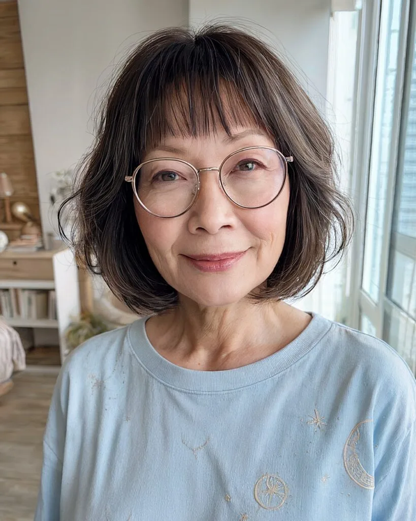 Chin-length layered bob with bangs for older women with fine wavy hair