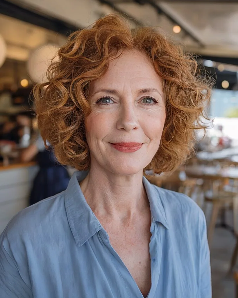 Chin length red curly bob with volume for mature women seeking low-maintenance curls