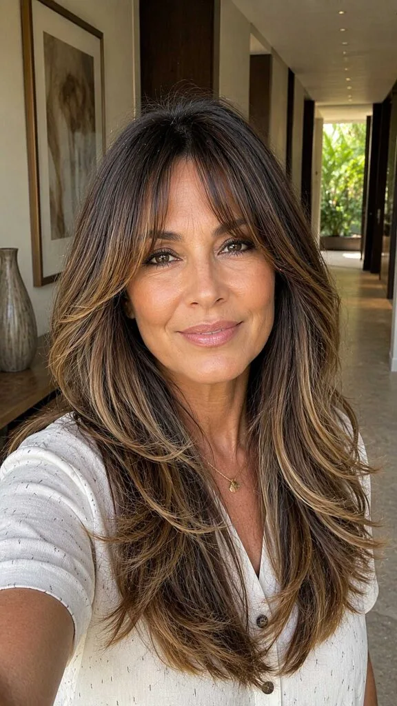 Chocolate Brunette with Golden Foils and Long Parted Fringe