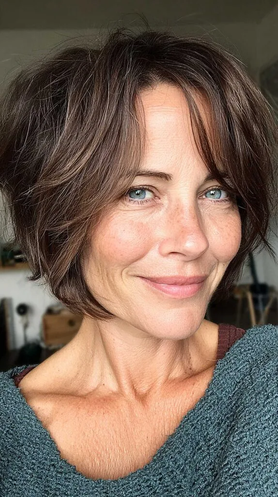 Choppy chin-length dark brown bob with soft curtain bangs