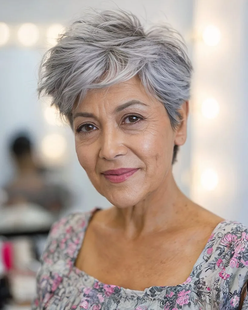 Choppy pixie cut for older women with gray hair and soft wave, styled with volume and natural lift
