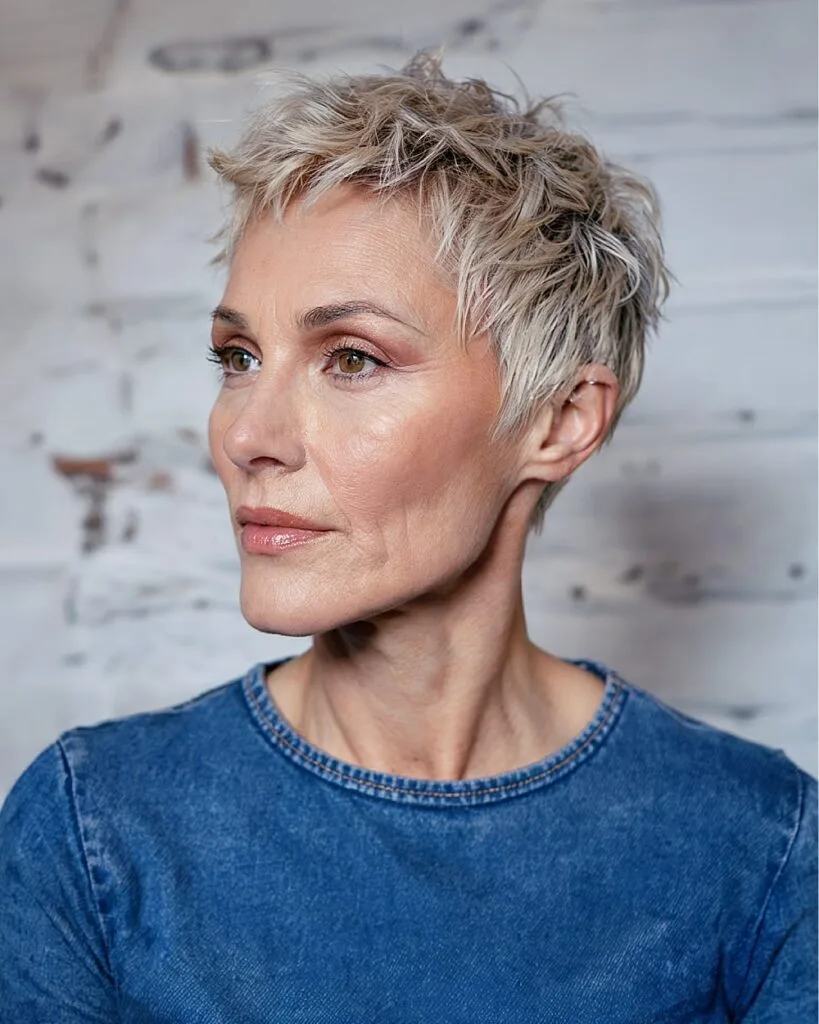 Choppy pixie haircut with textured ends and soft root fade for thin fine hair over 50