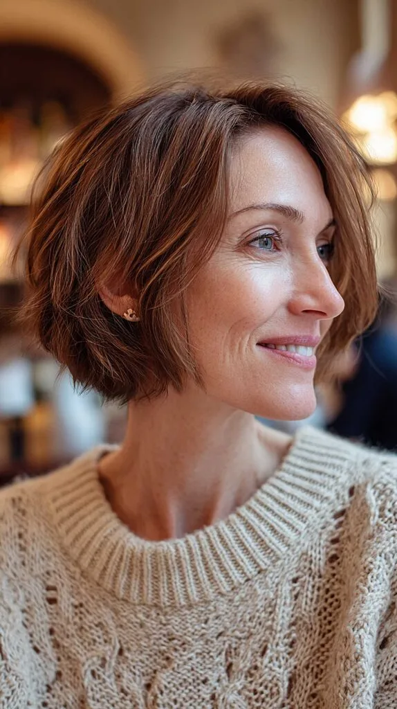Choppy Textured Auburn Chin-Length Bob in Profile