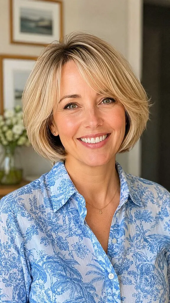 Classic blonde bob with feathered side-swept bangs