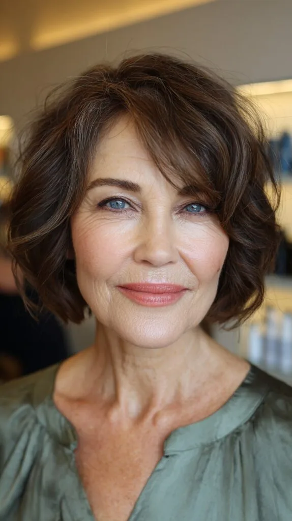 Classic Brunette Wavy Lob with Soft Bangs