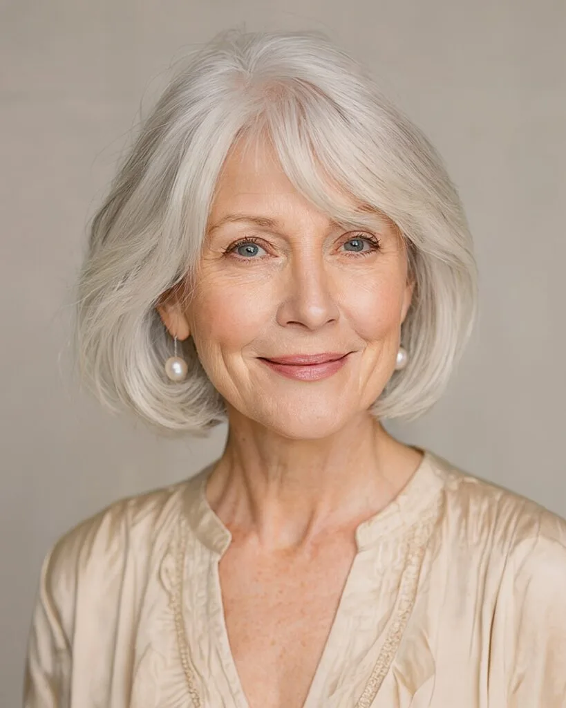 Classic chin-length Luminelle haircut with soft layers and side-swept bangs for mature women