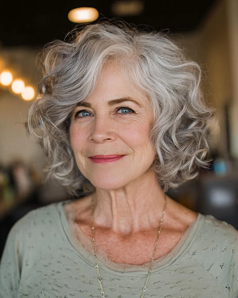 Classic curly bob hairstyle with neatly defined curls on mature hair