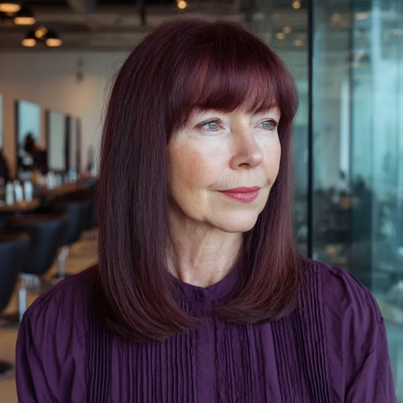 Classic Long Red Wine Straight Cut with Soft Bangs