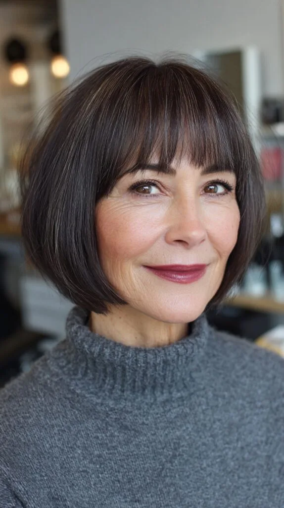 Classy Jet-Black Bob with Wispy Bangs