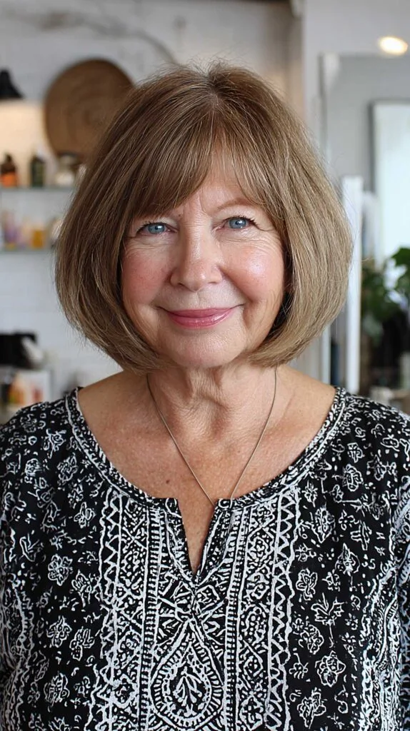 Cool ash blonde chin-length bob with soft wispy bangs