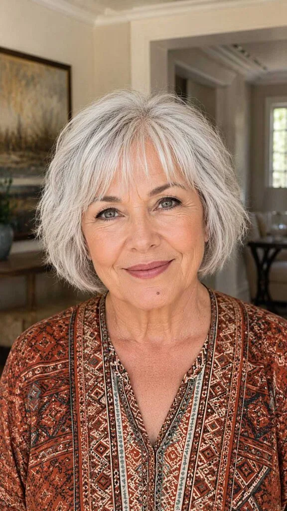 Cool silver chin-length bob with piecey bangs