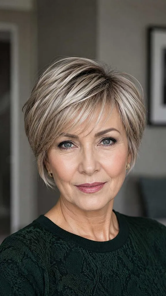 Cool toned highlighted precision pixie bob with bangs
