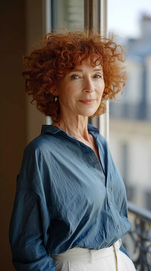 Copper curly shag with volume and short layered shape